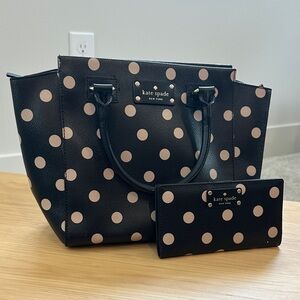 kate spade black tote and wallet with beige polka dots